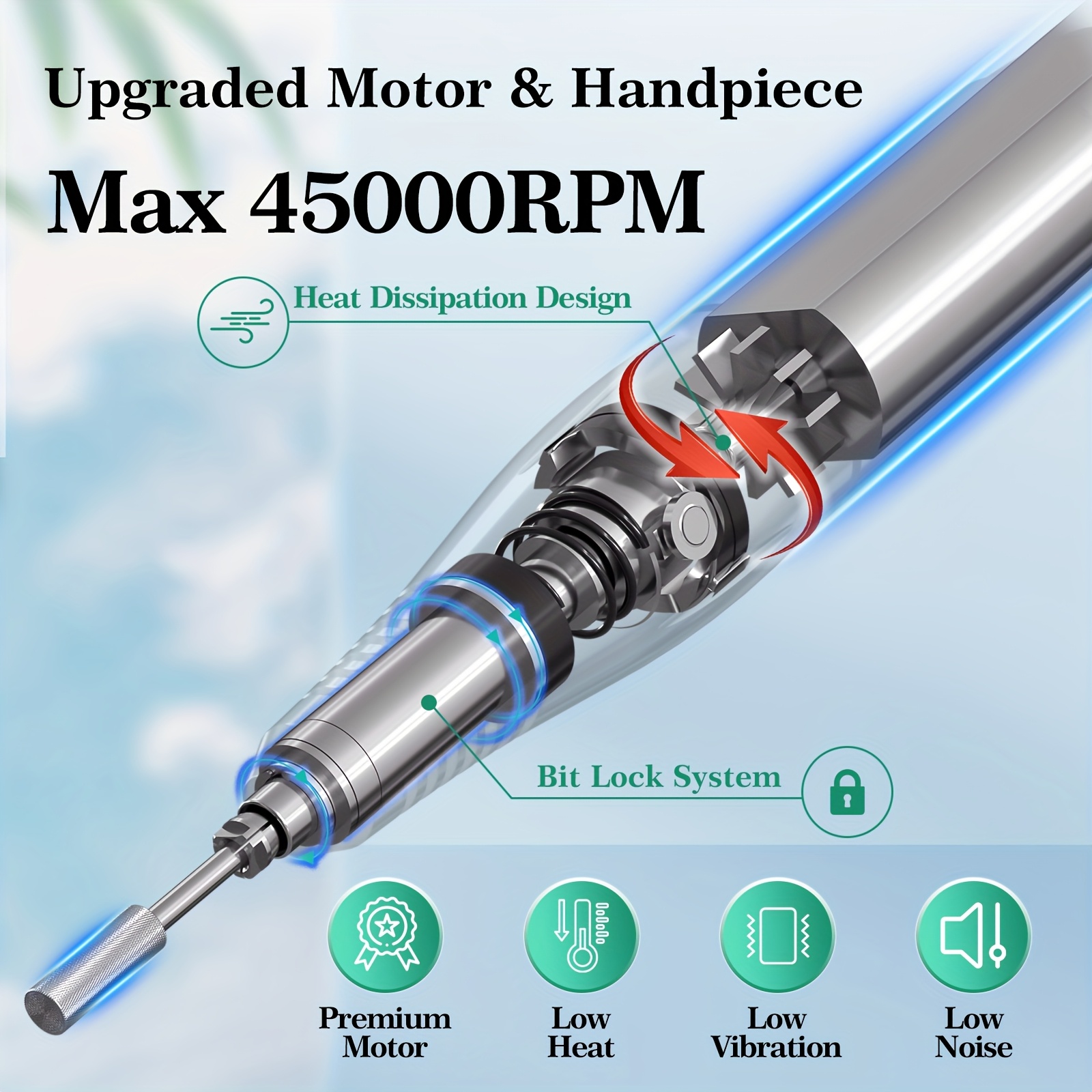 45000RPM Високоскоростна акумулаторна електрическа шлифовъчна машина за нокти, настолна шлифовъчна машина с ярка RGB светлина, комплект за полиране на нокти, оборудван с 12 шлифовъчни глави