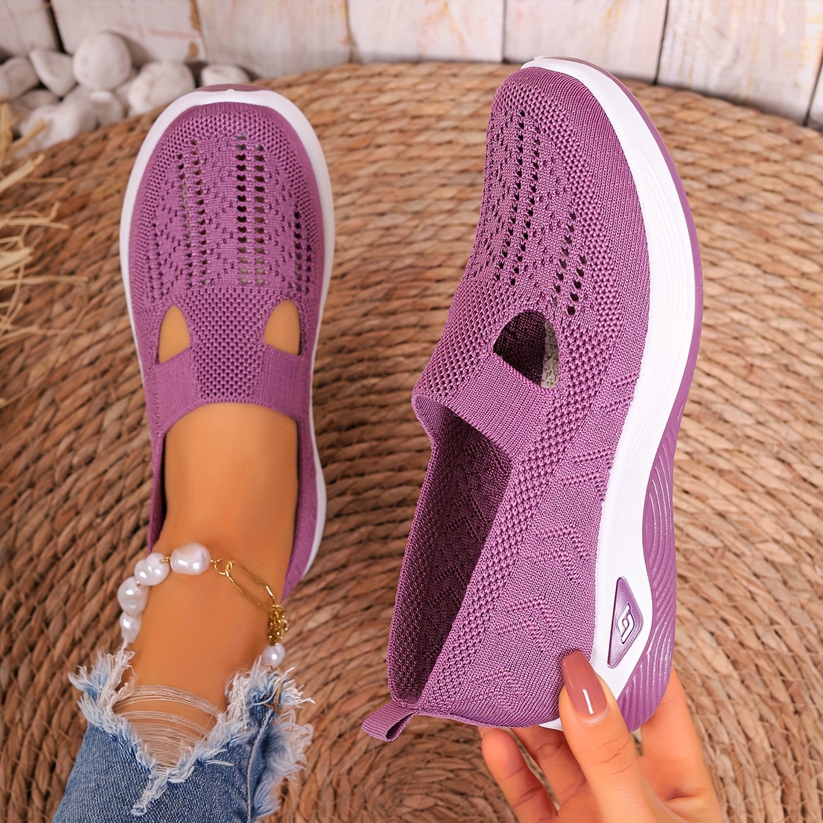 Women's Solid Color Knitted Sneakers, Soft Sole Platform Slip On Walking Shoes, Low-top Breathable Mesh Shoes