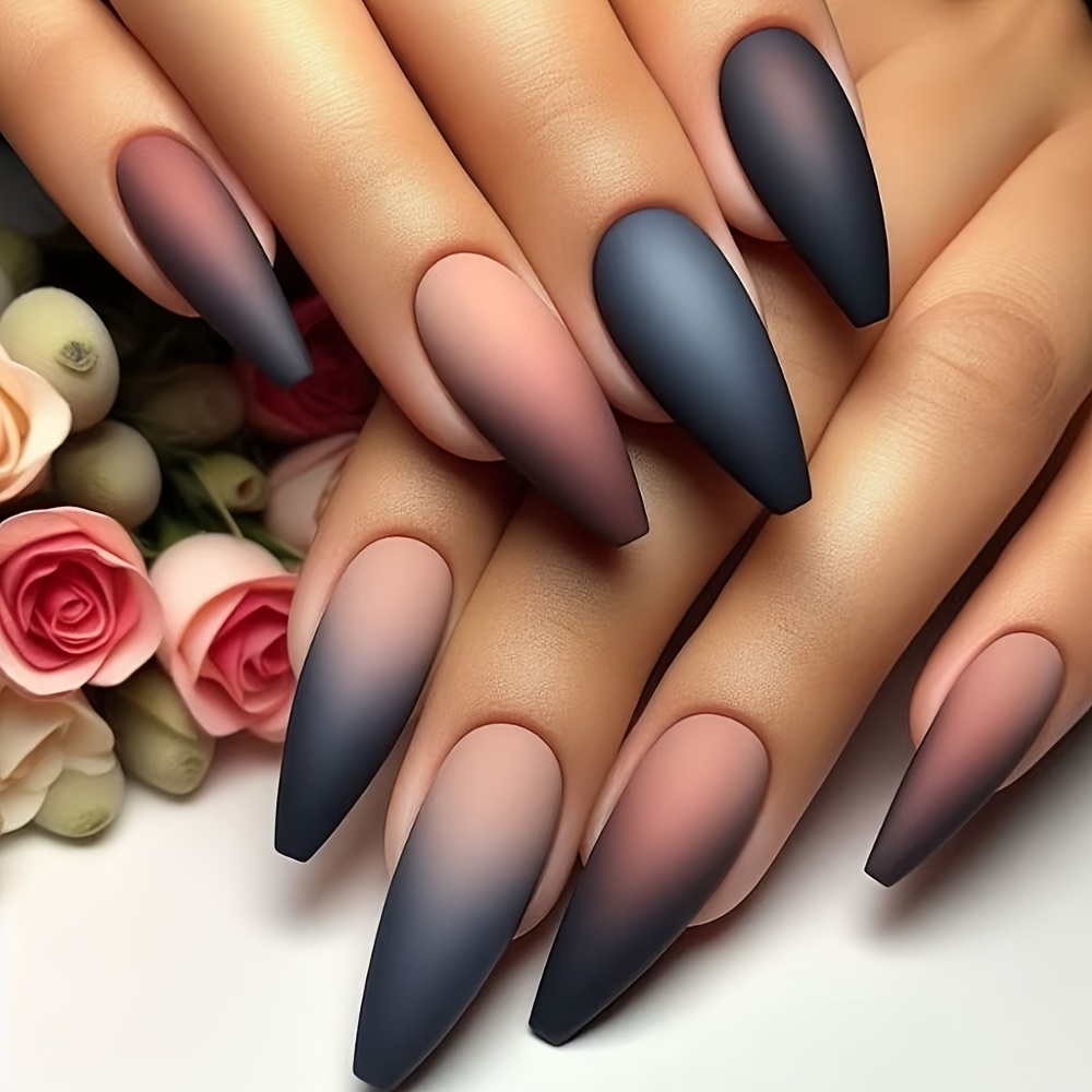 TEMU 24pcs Ongles Press-On de Ballet - Dégradé Noir à Nude Finition Mate, Stiletto Ultra-Longs pour Femmes, Design Élégant et pour Tous ou Occasions