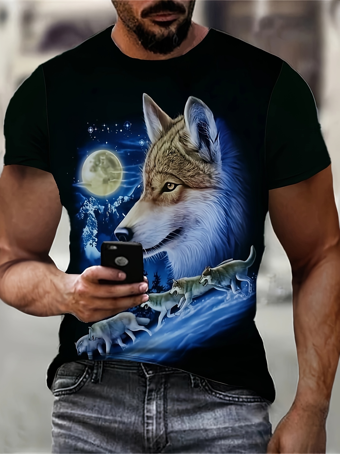 mens 3d print wolf moon graphic t shirt casual black short sleeve tee with   wolves and   design   summer outdoor activities outdoor casual wear   wolves design    