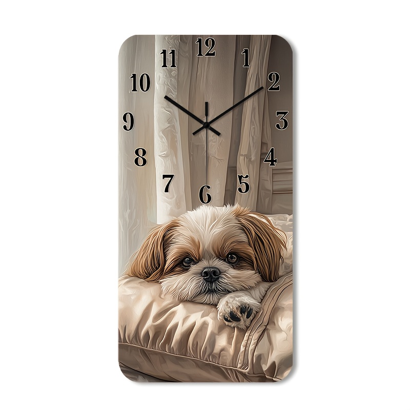 TEMU 1pc 2d Flat Wall Clock | Non-ticking Wooden Decorative Square Clock With Hd Glossy Lamination End, Shih Tzu Resting On Cushion Design For Foyer,