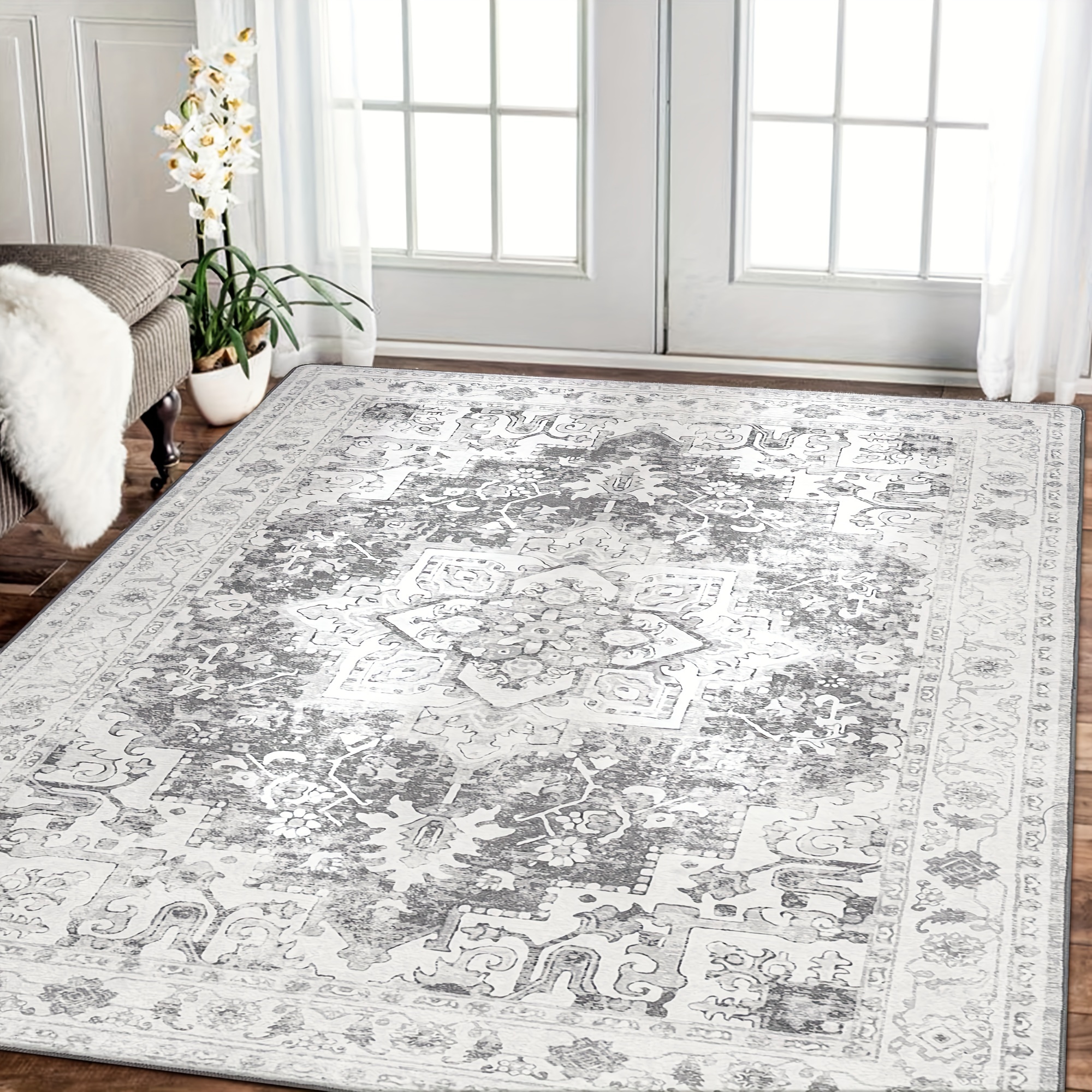 

Area Rugs Machine Washable Rug For Living Room, Non Slip Vintage Indoor Rug, Low Pile Lightweight Chenille Print Rug For Bedroom Dining Room Home Office