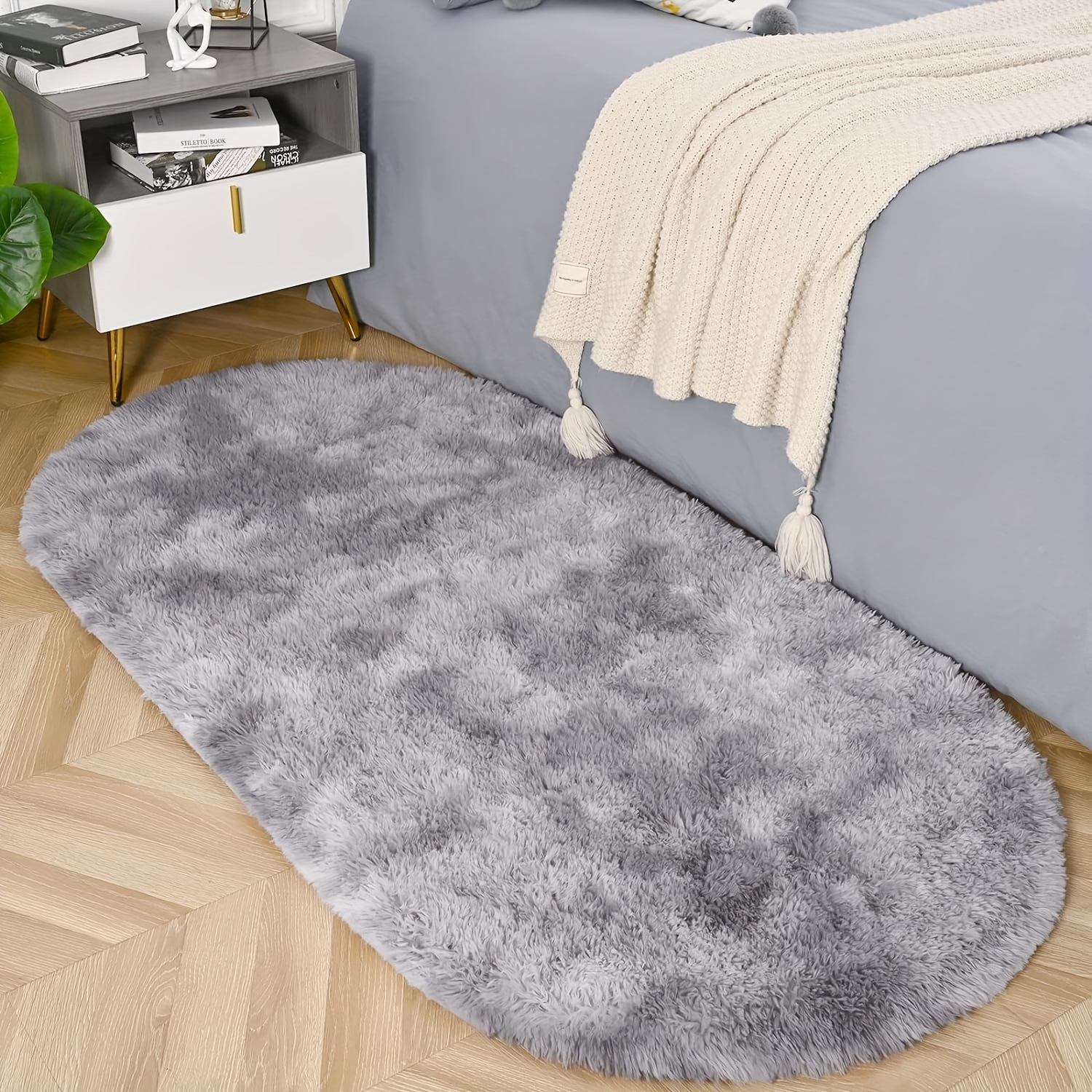 1pc fluffy oval shaggy area rug soft tufted polyester mat for bedroom living room   thickened sponge     decorative indoor rug for sofa bedside playroom sunroom   only details 8