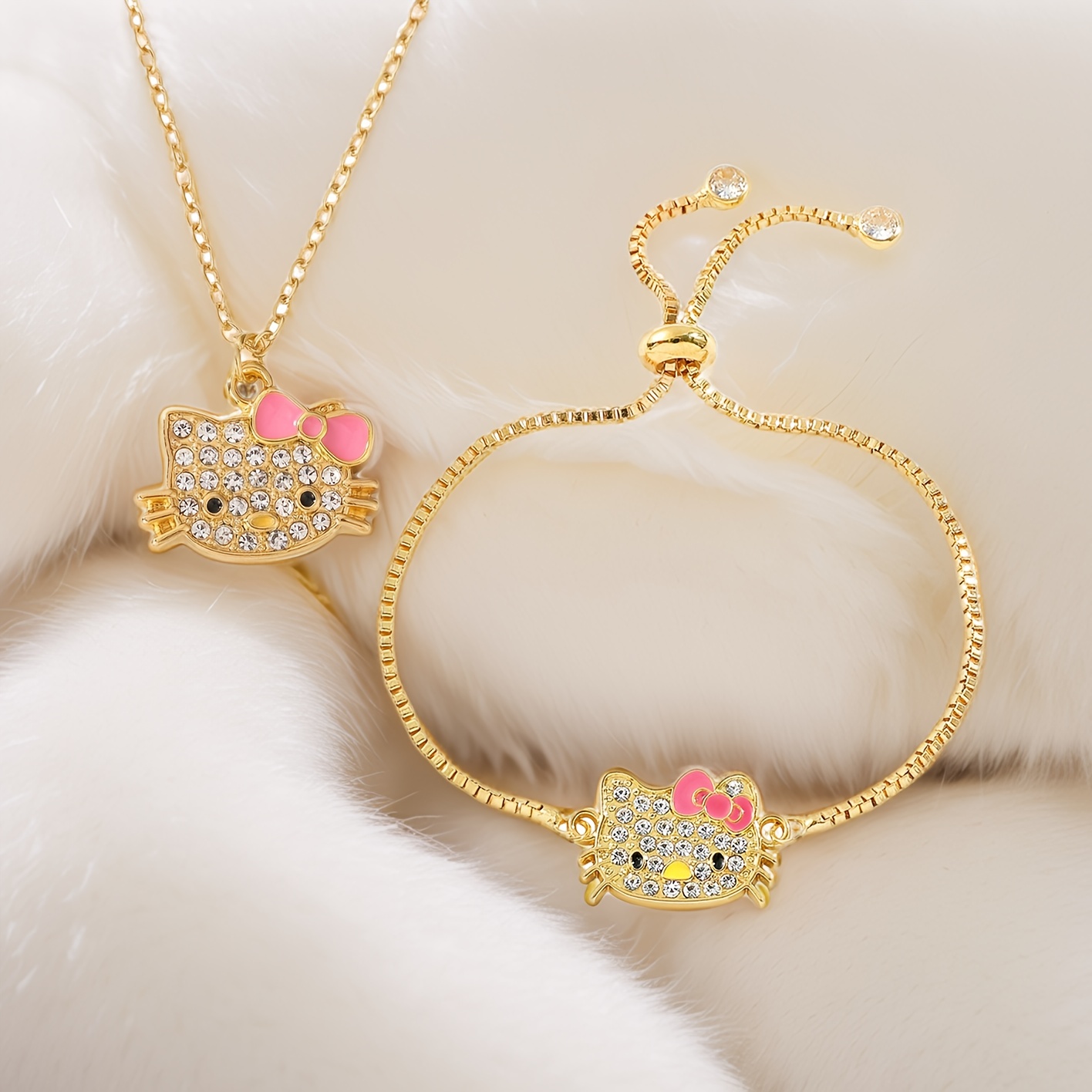 

2pcs Sparkle Jewelry Set For Women - Golden Necklace & Bracelet With , Featuring Hello Kitty, By Sanrio, Trendy Valentine's Day Gifts For Her, Best For Christmas