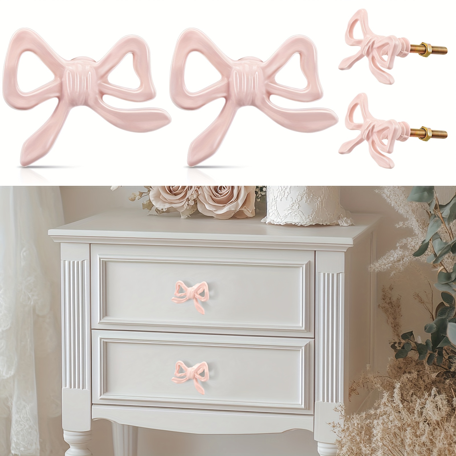 pink dresser knobs 8-Pack Bow Drawer – Metal Cabinet Handles With Bowknot Design, For Dresser, Wardrobe, And enhancing the taste of your house Applications Dresser Girl's Tank Tops Ceramic