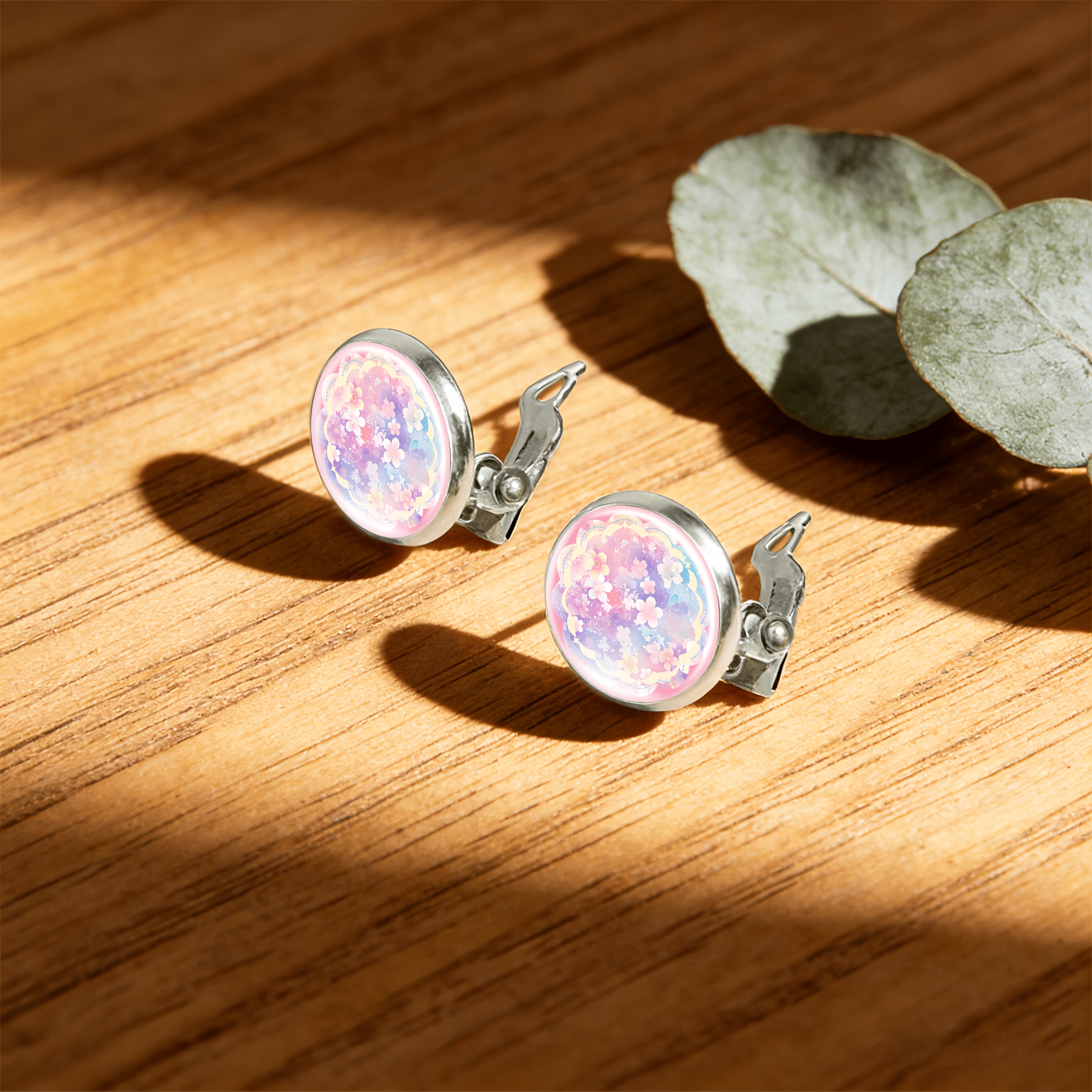 2pcs Set No-Pierced Round Glass Face Women'S Earrings with Floral Design