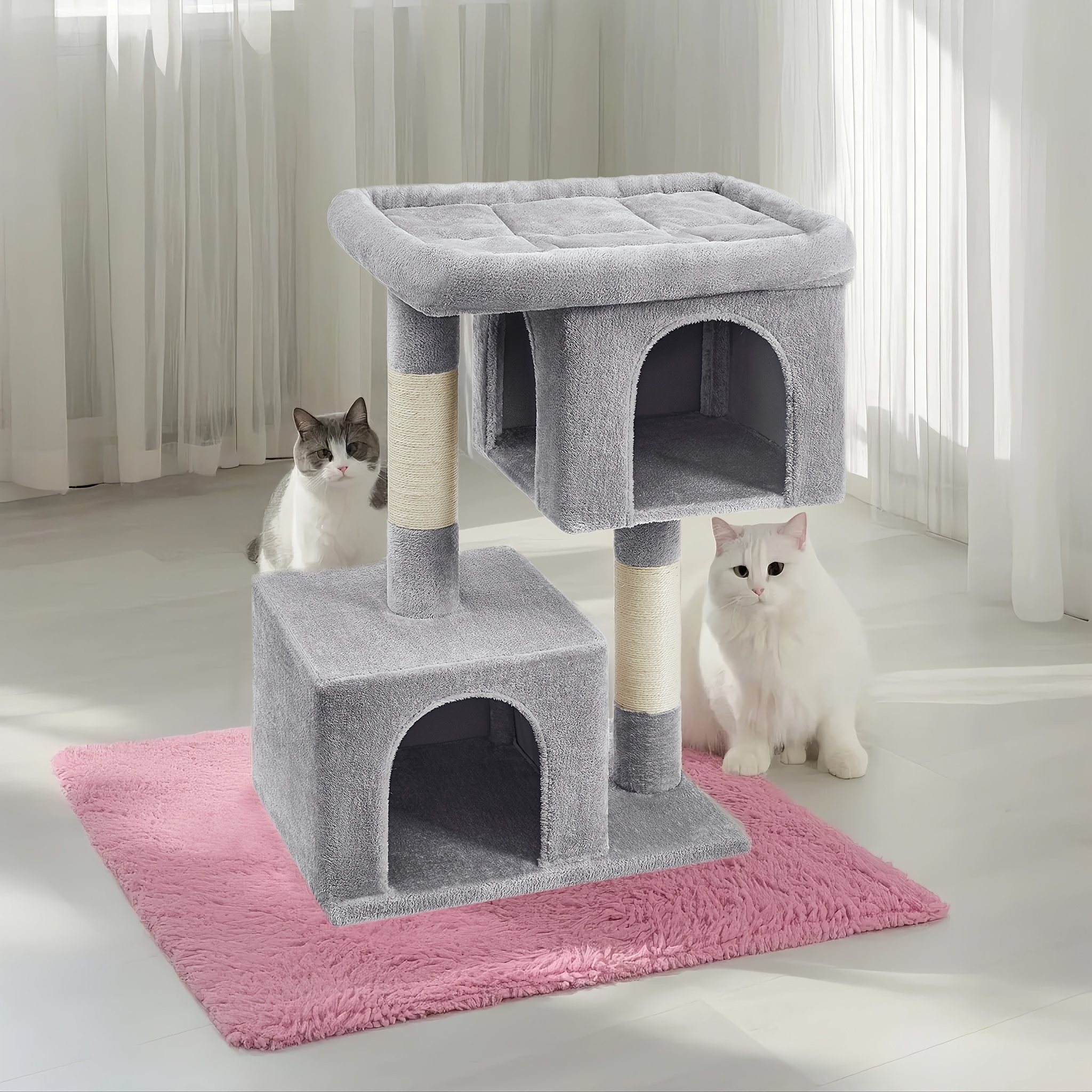 101cm High Scratching Post, Cat Tree, Large Platform, 2 Cat Caves, Sisal Trunks, Cat House, Light Gray