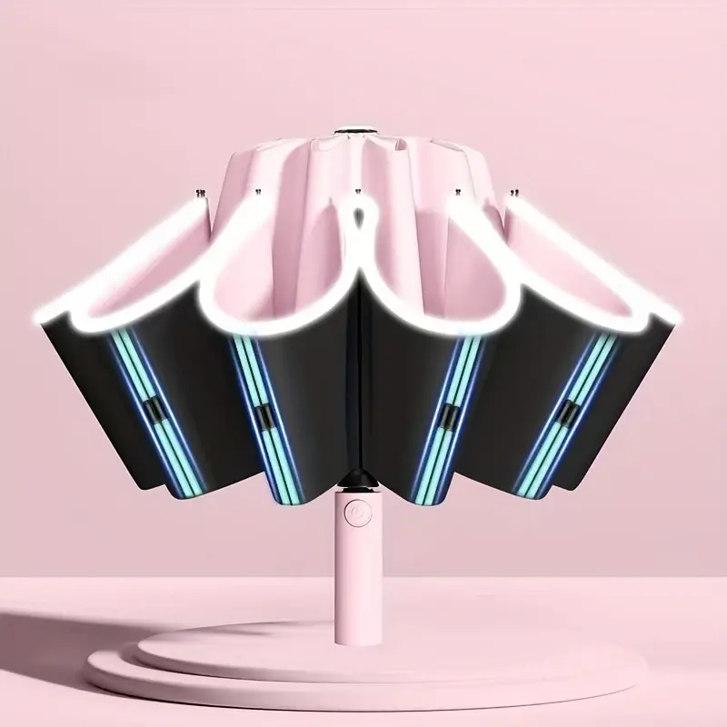 simple and stylish 1pc fully automatic enlarged womens folding umbrella windproof sunscreen uv protection 10 rib structure single color reverse opening and closing reflective strip design suitable for daily travel heavy duty windproof umbrella suitable for all weather details 12