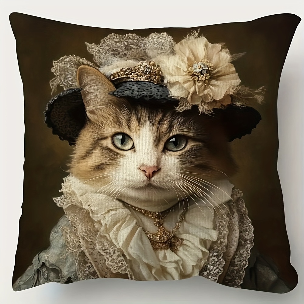 TEMU A Victorian-style Cat Portrait Short Plush Pillowcase, Measuring 45.72cm X 45.72cm, Featuring Double-sided Printing With Elegant Lace And –