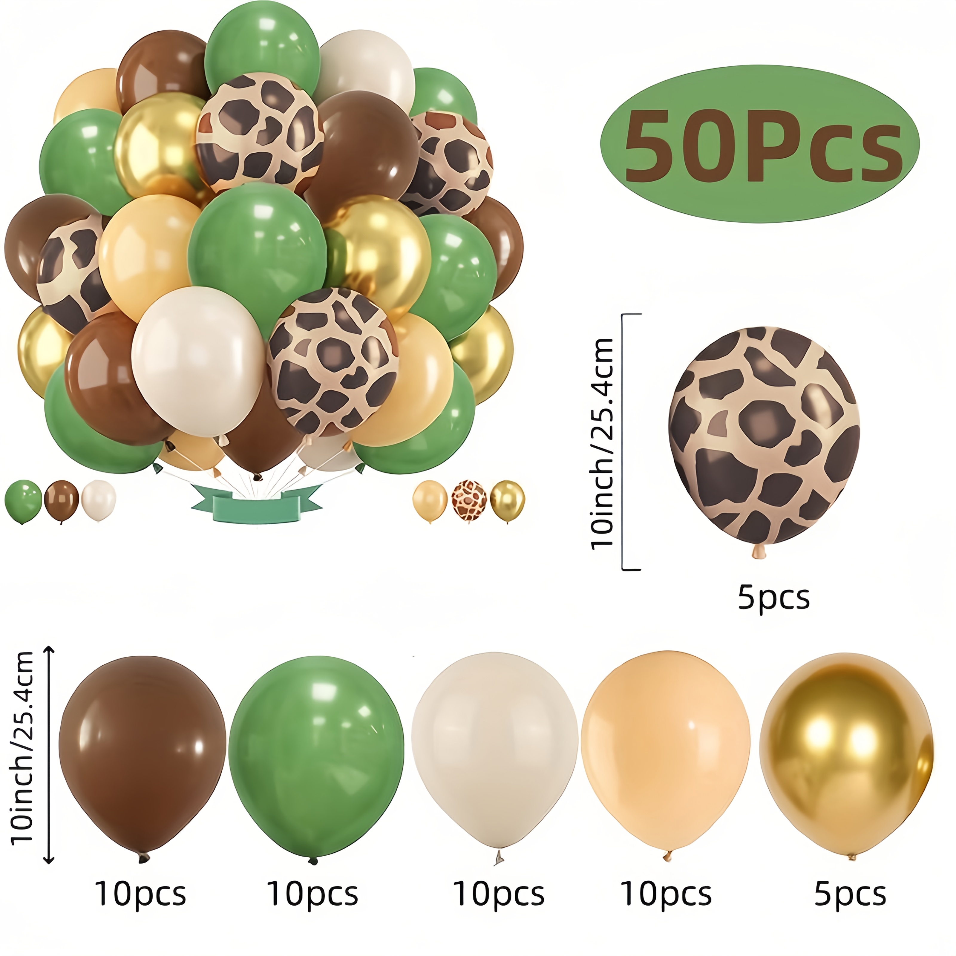 TEMU 50 globos de látex con temática de fauna de , verde retro, marrón chocolate, beige, caqui , dorado metálico, globos de látex con estampado de