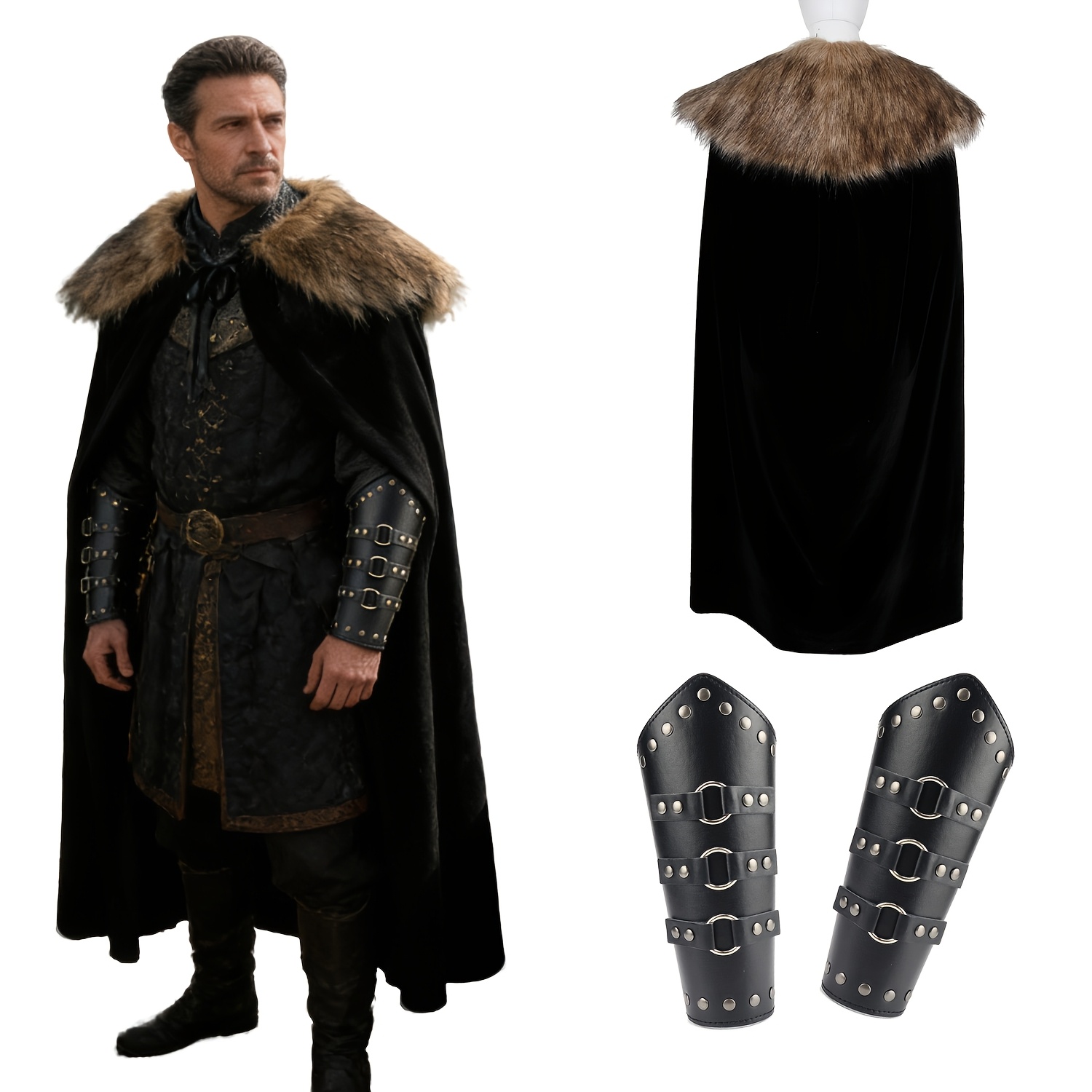TEMU 4pcs Medieval Viking Cosplay Costume Set, Cloak And Bracers Set - Men's Renaissance Larp Themed Events Costume, Halloween Warrior Outfit