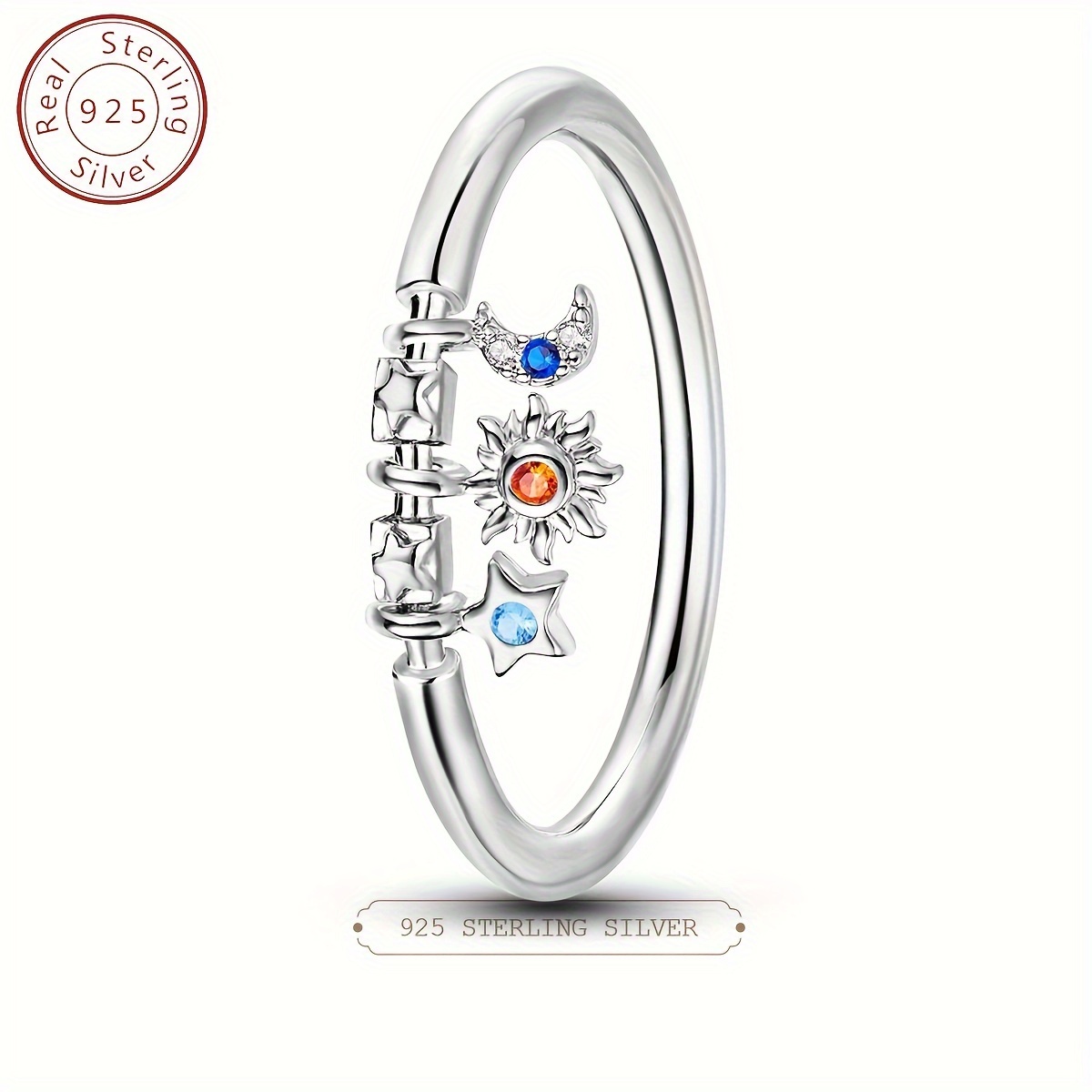 

1pc, Elegant & Classic Style, 925 Sterling Silvery Sun, Moon And Star Shape Design Pendant, Inlay Shiny Color Zircon Wide Ring, Fashion Delicate Accessory For Wedding & Party, Idea Gift For Ladies