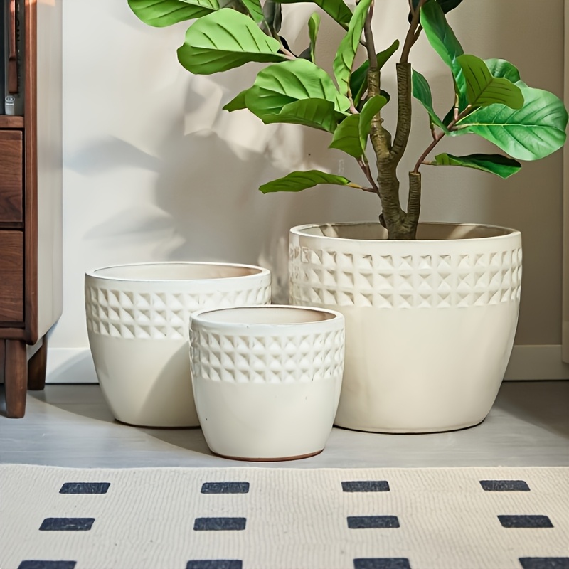 3pcs Handmade Ceramic Flower Pot Set (diameters 38.1/30.5/22.9cm Respectively), White Rhinestone Pattern, Suitable for Placement on Windowsills/bookshelves, Etc., Made of Breathable Terracotta. Gardening Gift,home Decor