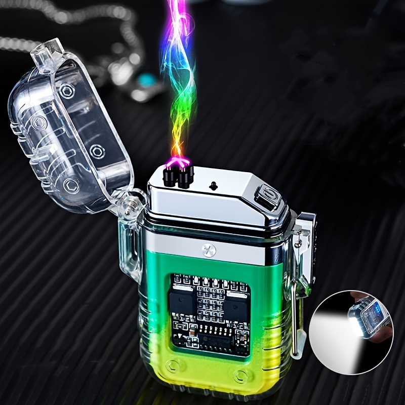 . wiederaufladbarer usb-doppelbogen-plasmafeuerzeug mit taschenlampe - tragbares elektronisches zündgerät für   im freien, notfall & erkundung, transparentes grün-gelbes design,   geschenk für männer und frauen