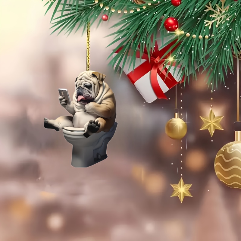 

English Bulldog On Toilet Phone Holder Acrylic Mobile - 1pc, Unique 2d Acrylic Christmas Tree Ornament, Home Decor Pendant - Accessory For Car Mirror, Bags, And Keychains - Gift Idea