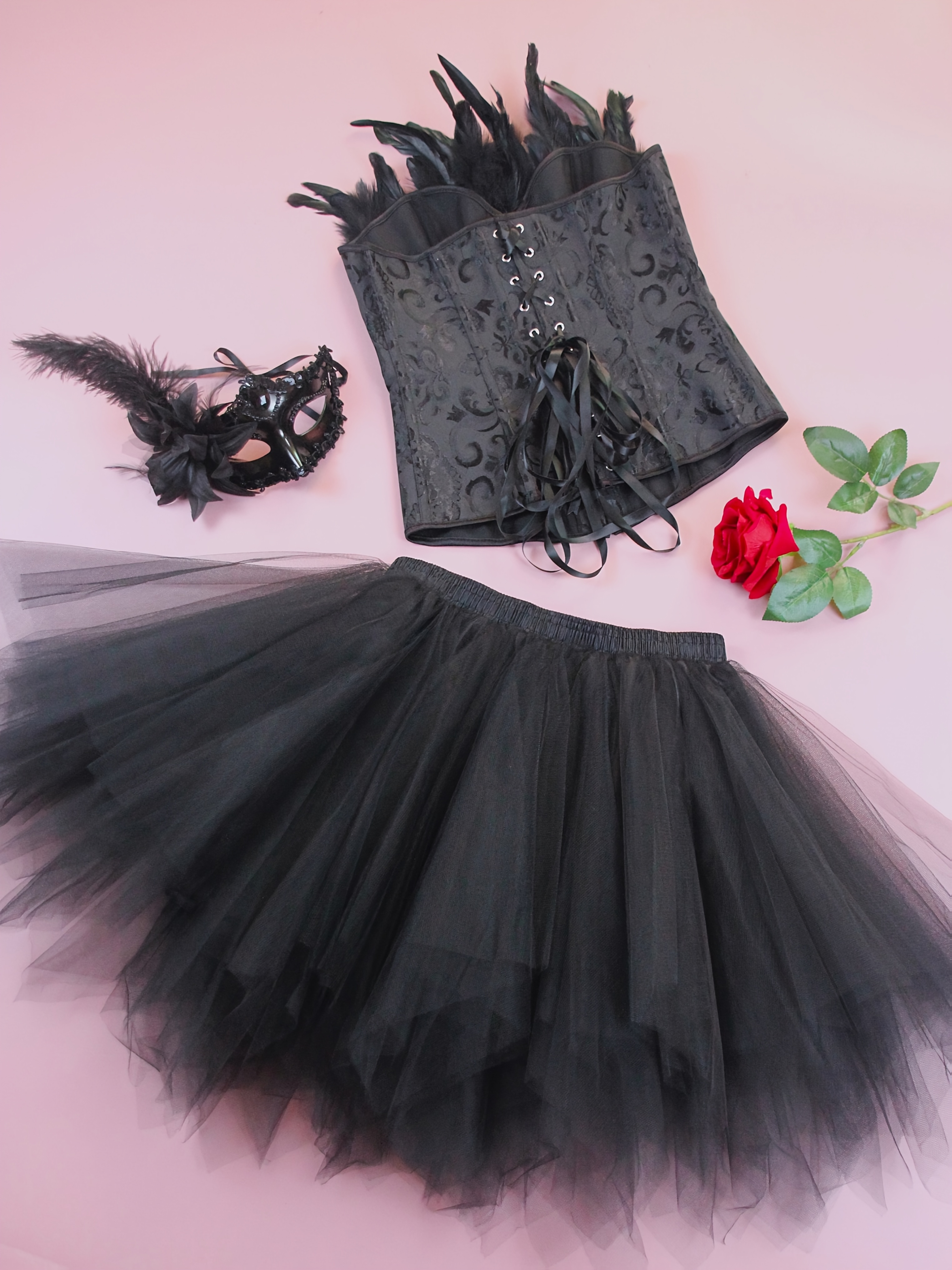 Gothic Style Jacquard CORSETS+TUTU Skirt+Mask Set, Halloween Black Swan,  Black Angel Costume Party Outfit Set