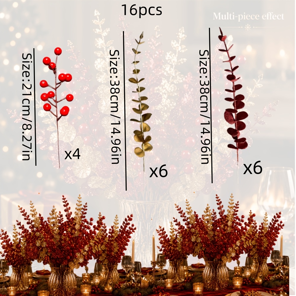TEMU Ensemble de 16 branches artificielles de Noël Eucalyptus et rouges, comprenant de l'Eucalyptus à paillettes dorées, de l'Eucalyptus à paillettes