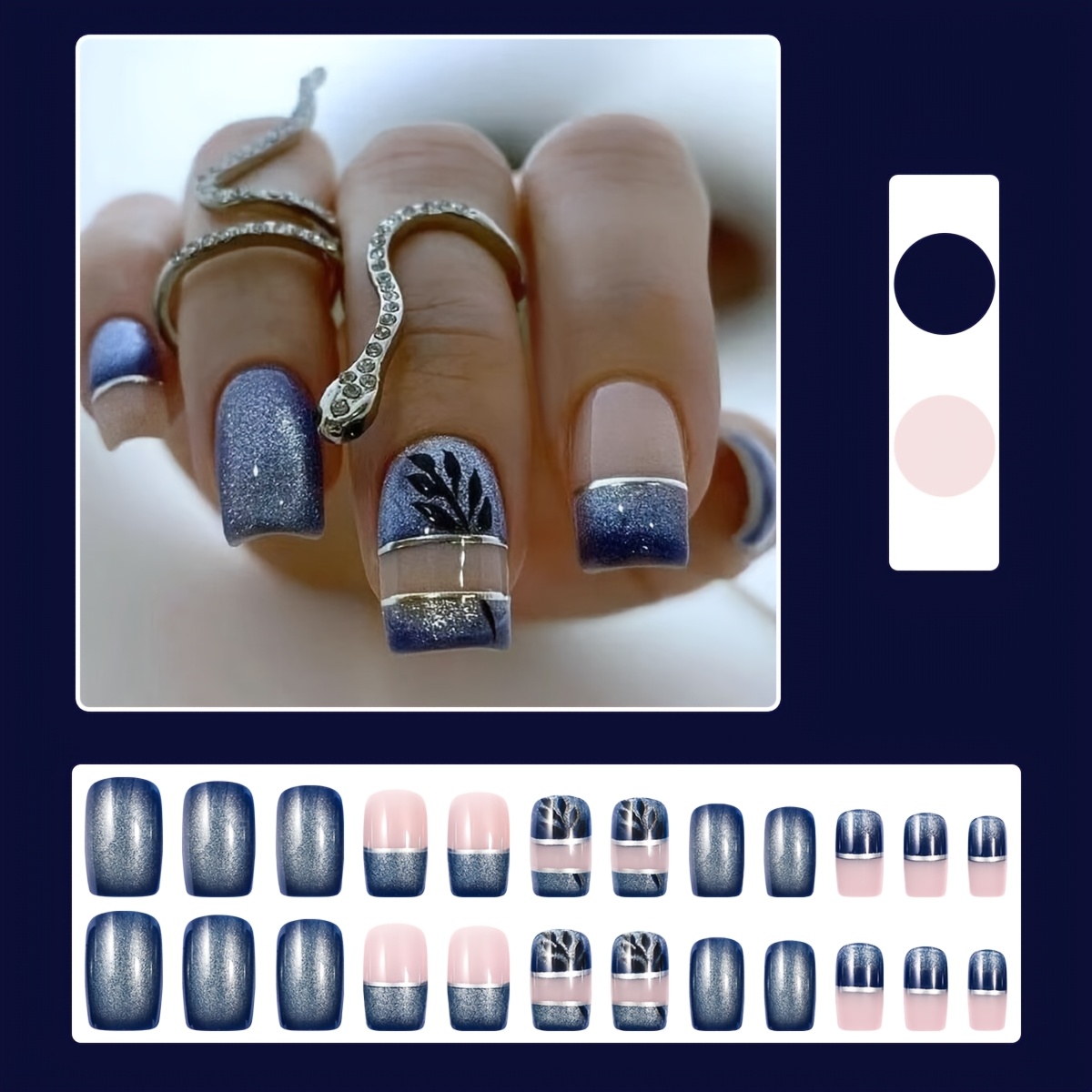 TEMU 24pcs Blue Glitter Press-on Nails, Short Square Shape For Women, Suitable For 12 Months, Simple And Elegant Thanksgiving Fake Nails For Daily