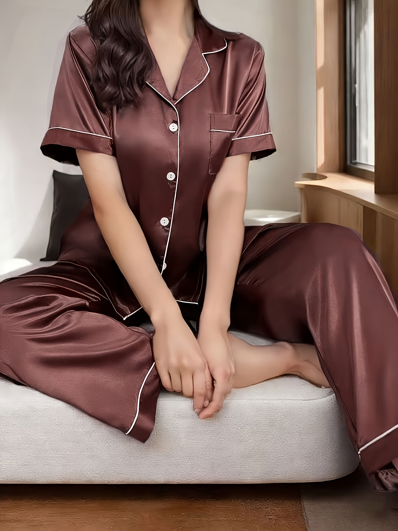 satin spring and summer loungewear for women featuring short sleeves long pants a easy design and a collared cardigan Product details 1