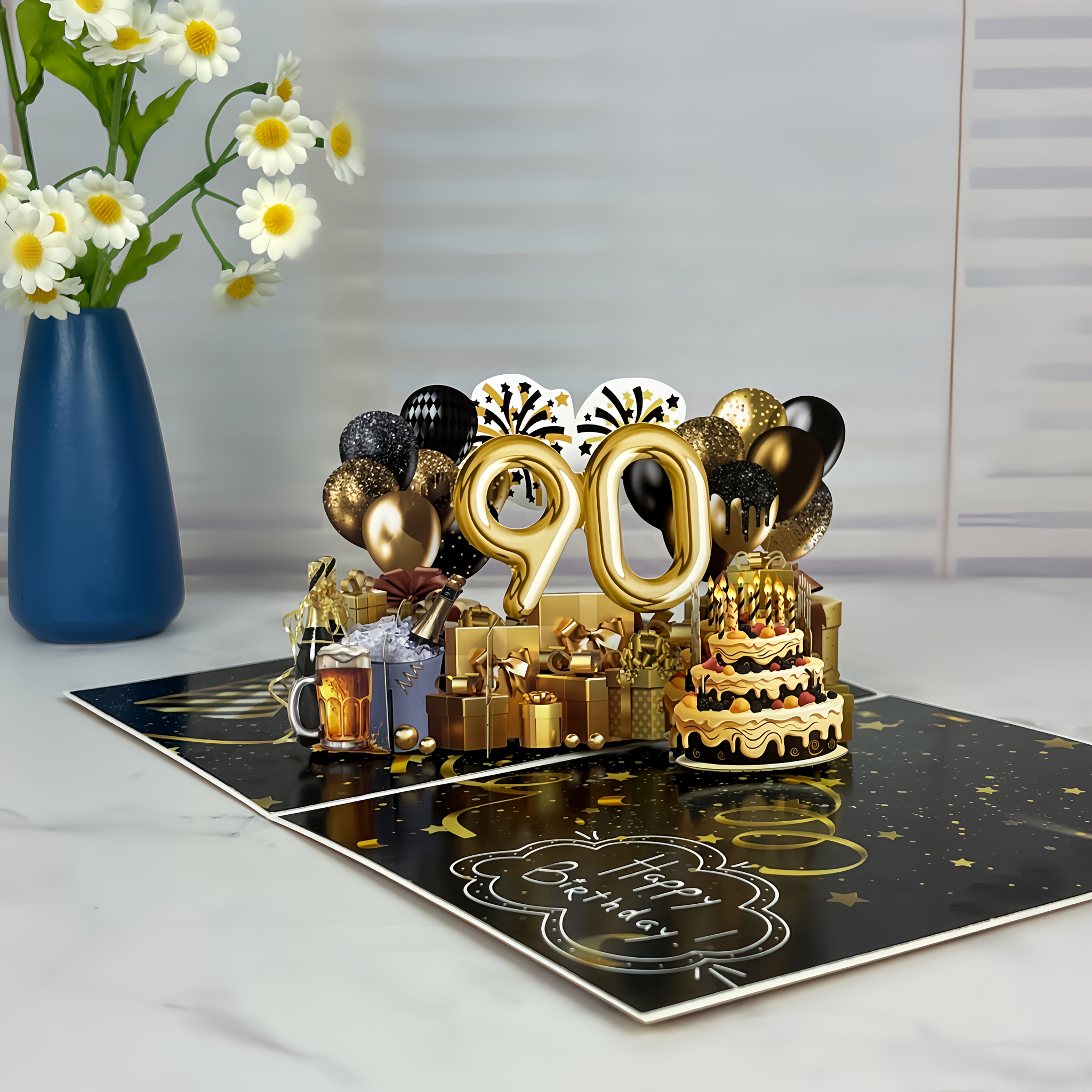 E-shop 90. Geburtstag Glückwunschkarte, 1 Stück Pop-Up 3D Karte mit Umschlag, 90. Geburtstag Segenskarte, Geeignet für 90-jährigen Großvater/Großmutter