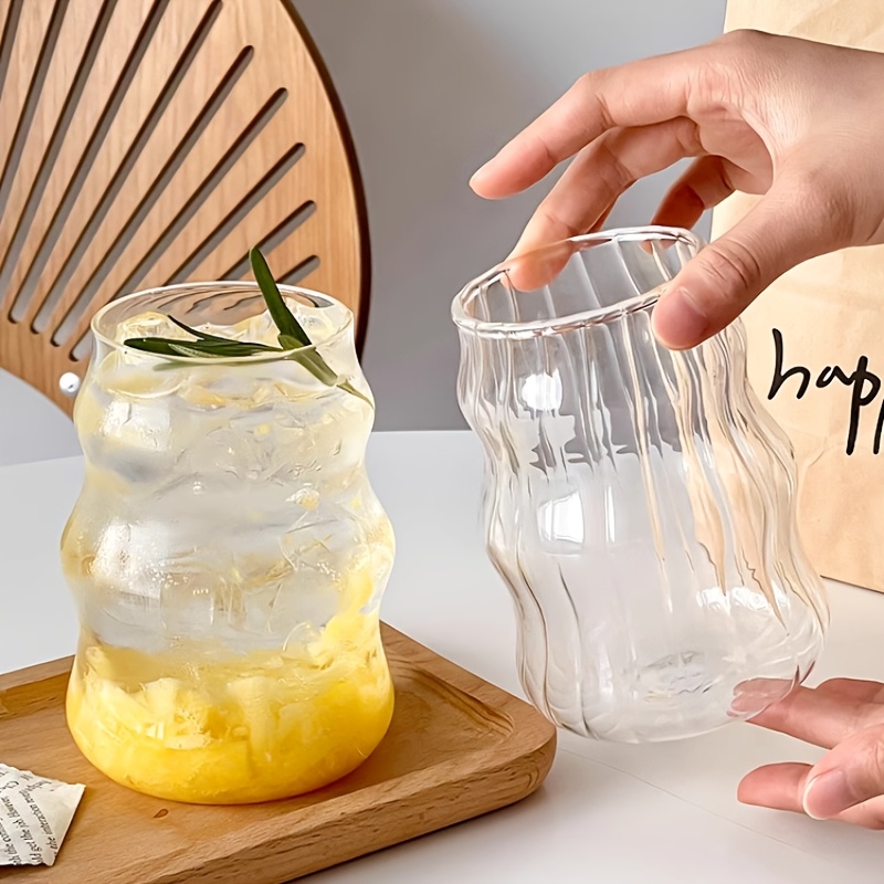 

2pcs, 18.1oz/530ml Cup , Irregular Shaped Drinking Glass, Clear Glass Water Cup, Iced Coffee Cups, Cute Drinking Cups, Drinkware, Home Kitchen Items