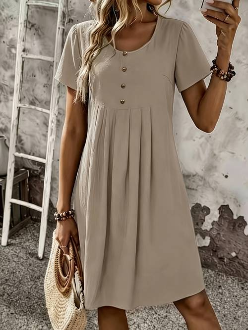 womens summer fashion casual comfortable vacation essential dress short sleeved single breasted decorative short dress with pleated design on the abdomen