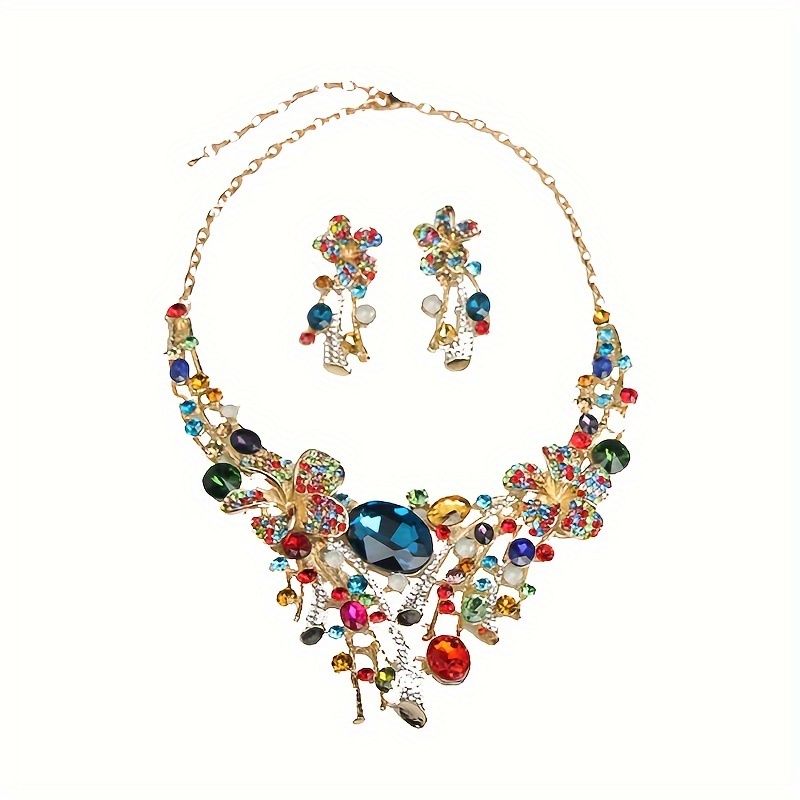 3pcs Vibrant Crystal Flower Jewelry Set - Luxurious Multicolored Necklace and Earrings, Zinc Alloy, Perfect for Bridal Parties & Celebrations, Wedding Gifts