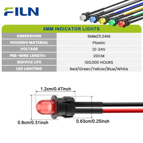 3 stk. 3 stk. 6 mm led-kontrollleuchte, für zuhause, heimwerken, öfen & geräte, vorverdrahtete warnsignale mit pa66-gehäuse, rot/ /blau/weiß, niederspannung (12v-24v) für alarm, stromkreisersatz, installation