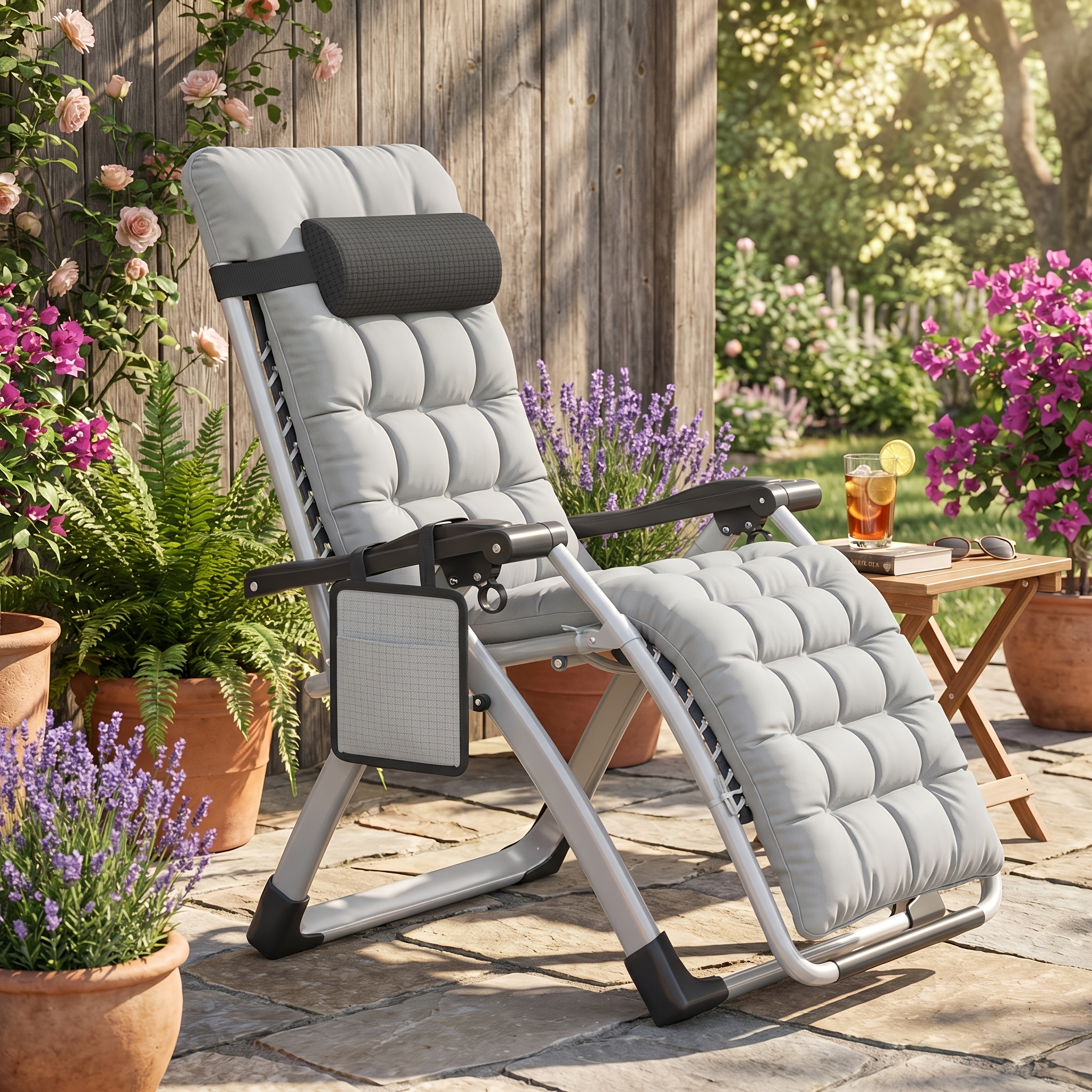Image of Folding Sun Lounger With Cushion, With Adjustable Backrest, Supplied With Lying Bag, For Terrace, Garden, Beach, Pool