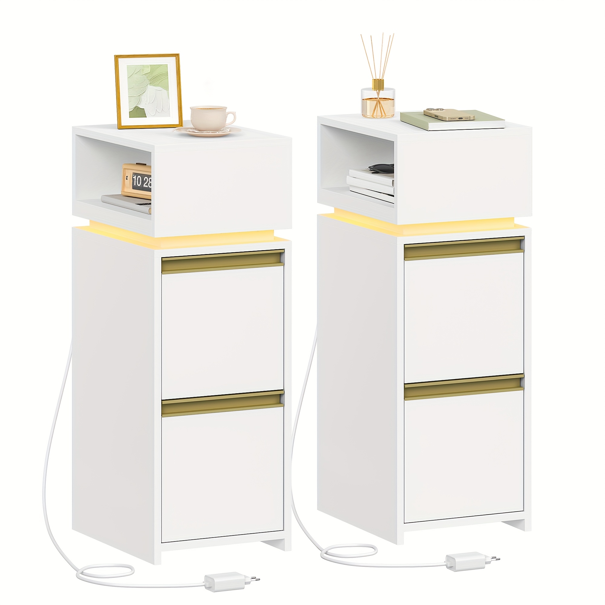 Bedside Table, Narrow, Set Of 2, Bedside Table With 2 Drawers And 1 Open Compartment, Bedside Table In The Bedroom, Side Table, For Bedroom, Living Room, Modern, White