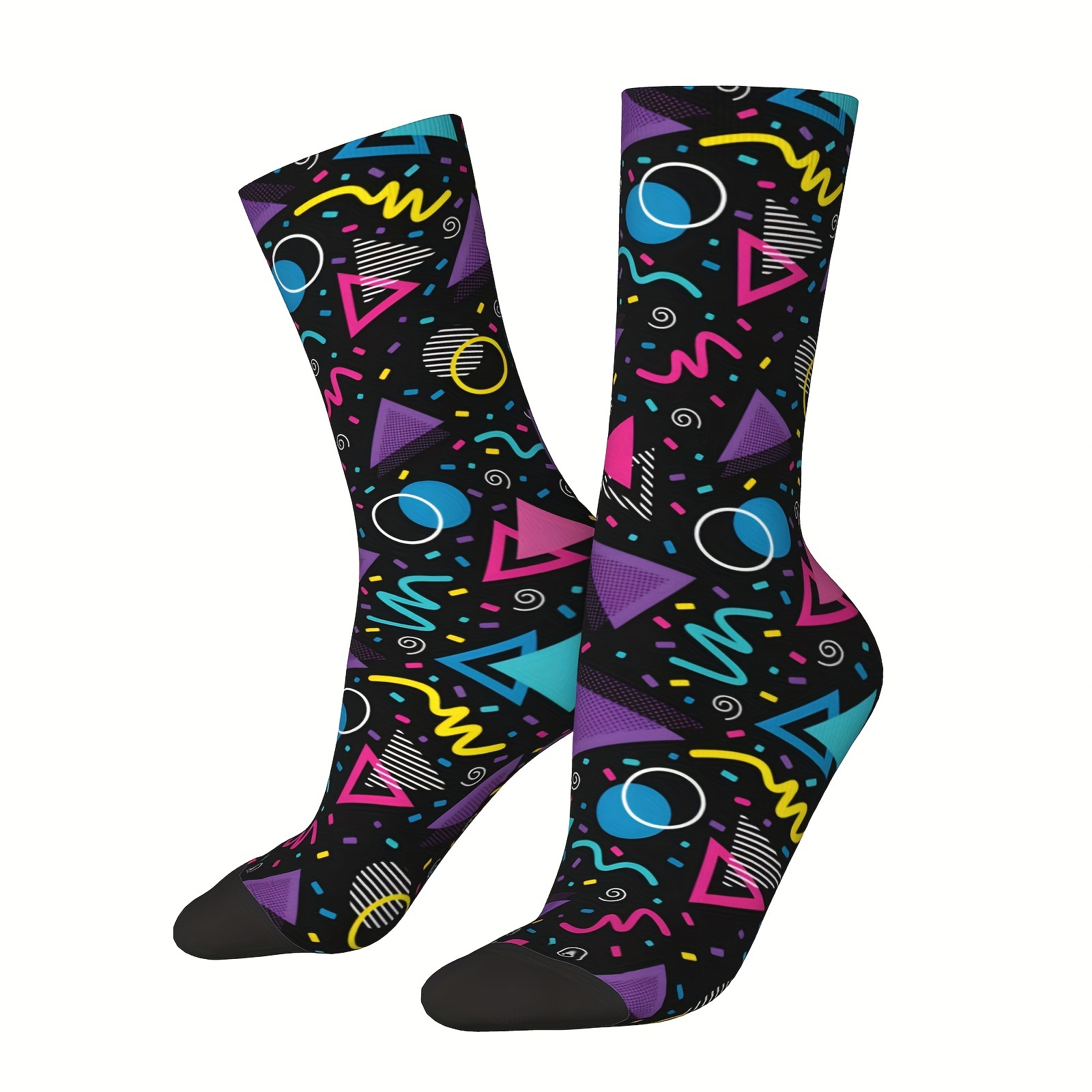 

1 Pair Men's Vibrant Neon 90s Pattern Crew Socks - Hip Hop Style, High-quality Polyester & Elastane , Geometric & , Perfect For Boys, Teen Novelty Socks