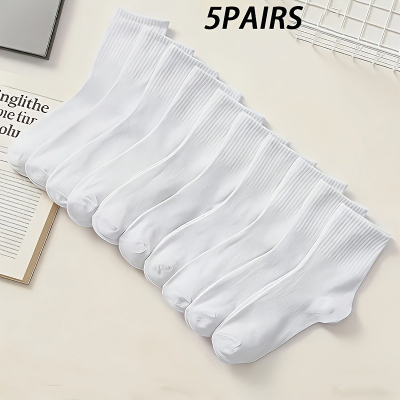 TEMU 5 Pairs Unisex White Mid-calf Socks, Breathable, Comfortable And Soft, Daily Casual Sports Socks