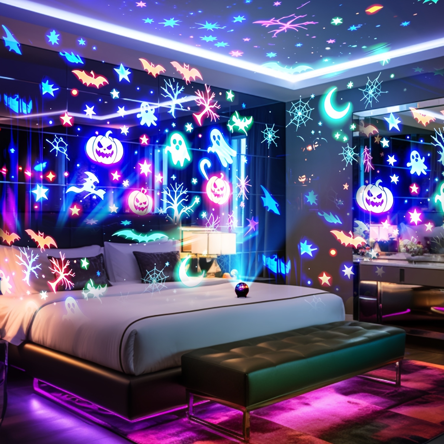 TEMU Lampe de projection motif Halloween avec lumières à changement automatique. Idéale pour les festivals, les fêtes à et le camping air pour créer
