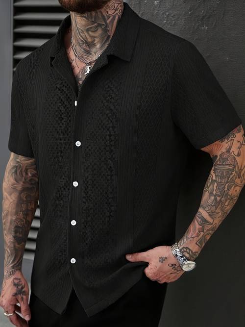 mens solid color knitted short sleeve shirt