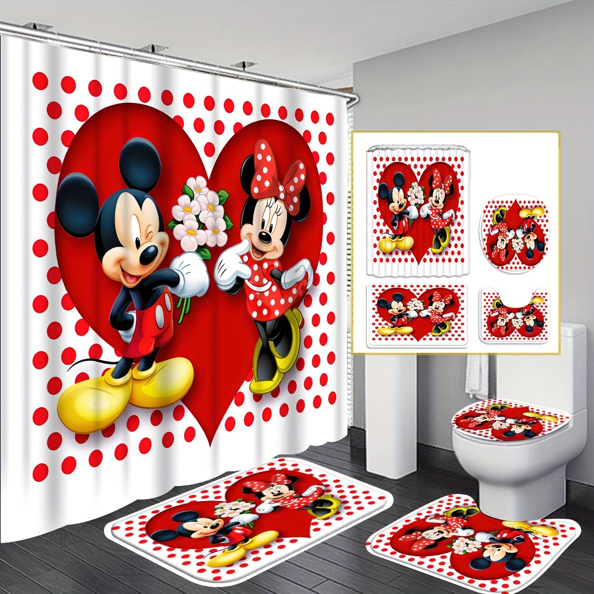 

Disney Mickey Mouse 4-piece Shower Curtain Set - Waterproof, Includes 12 Hooks, Non-slip Bath Mat & U-shaped Toilet Rug - Perfect For Bathroom Decor