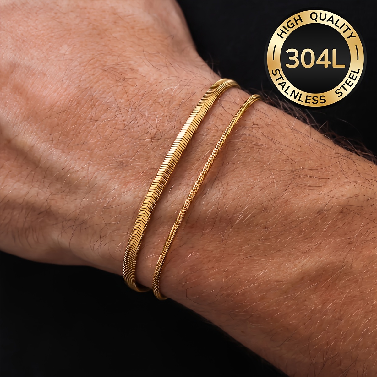 TEMU 2pcs High-quality 304l Stainless Steel Bracelet, 18k Gold Plated Golden-plated, Waterproof And , Suitable For Men's Jewelry Sets, Fashionable