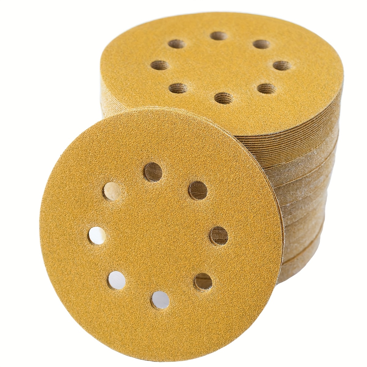 TEMU 10pcs Of 5-inch 8-hole Golden Adhesive Sandpaper Discs, Dust-proof And Anti-clogging High-quality Sanding Discs Sandpaper, Divided Into