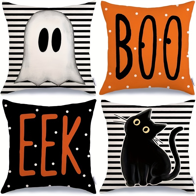 

4-piece Halloween Throw Pillow Covers Set - Spooky Ghost, Black Cat & - Perfect For Sofa & Home Decor, 18x18 Inches, Zip Closure, Machine Washable