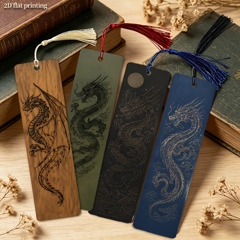 TEMU Dragon Pattern And Dark Flowing Tassel Bookmark Set, Random Tassel Color, 5.9 X 1.57 Inch 4pcs, Durable And Non-repetitive, Art Enthusiast