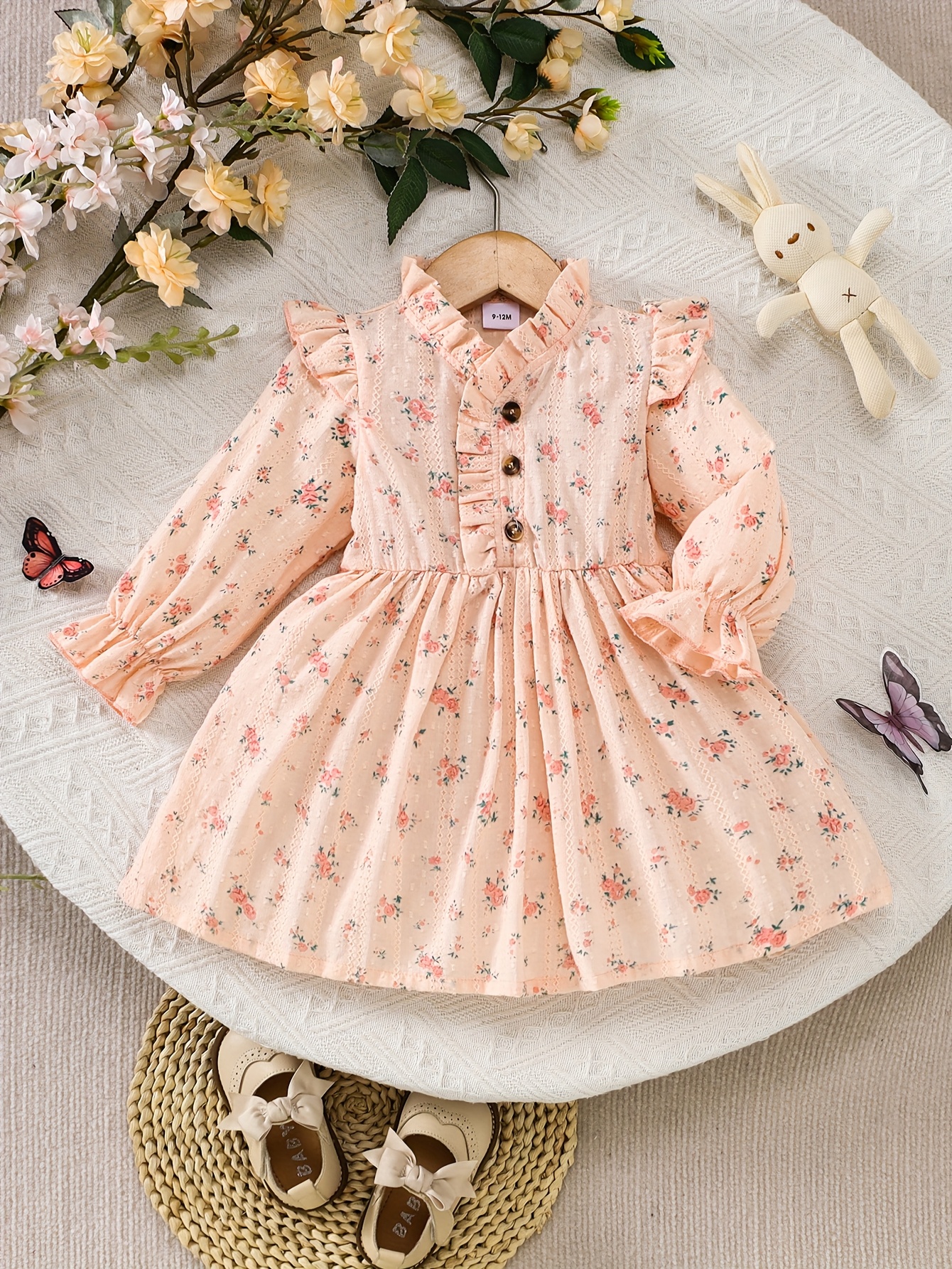 1pc Baby Girl S Floral Print Long Sleeve Dress with   Collar & Cuffs - Soft Pink A-Line Dress, Non-Stretch Fabric, Regular Fit for Spring/Fall, Casual Playwear & Family  , Baby Girl Dress,   Clothing, Comfortable Babywear, Elegant Babywear, Durable Babywear, Infant Fashion, Breathable Material, Toddler Clothing,   Outdoor, Outdoor Playwear,   Light Beige, Hand Washable, Snug, Easytid Optels C Overallremely Fine Tough-friendly materiallon