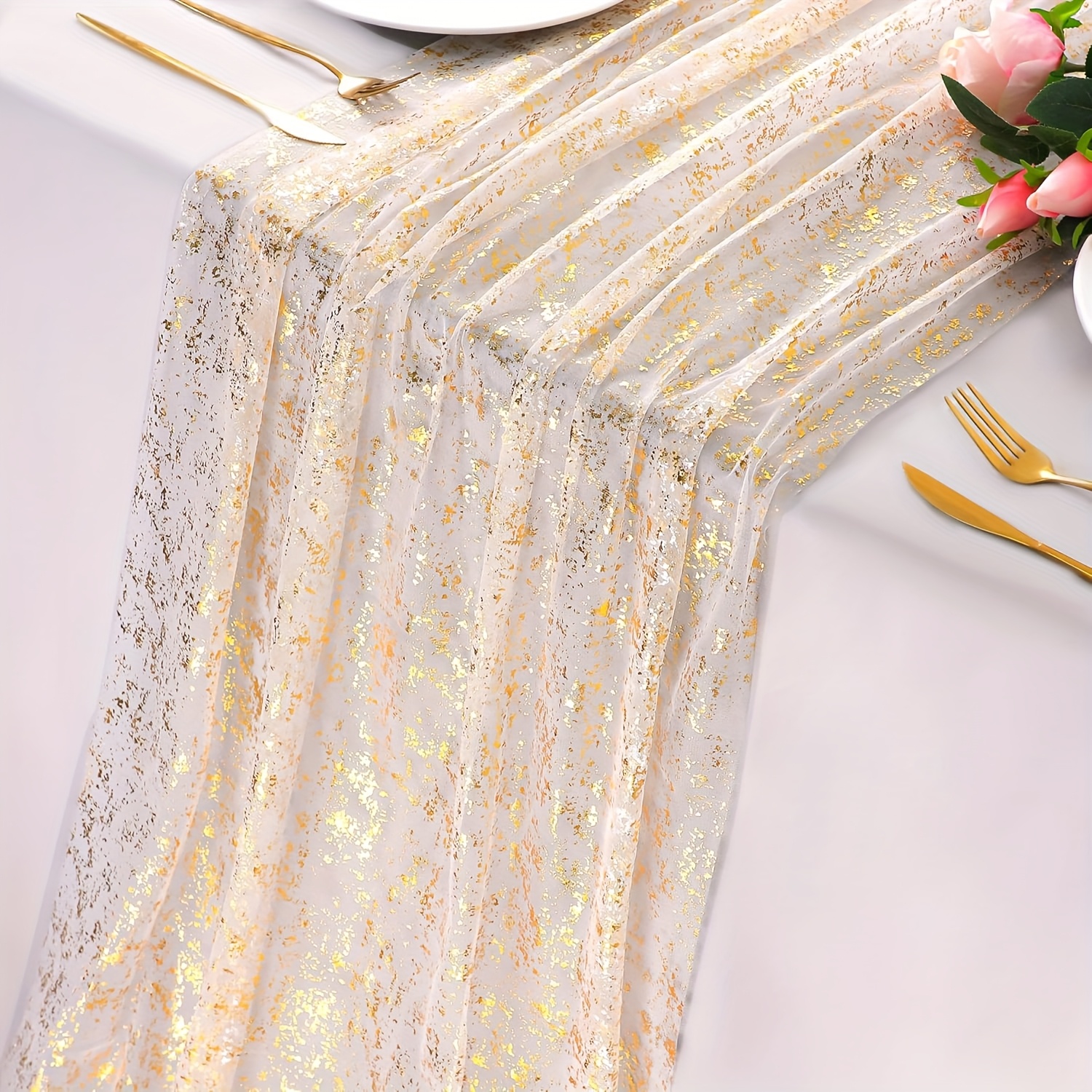 TEMU 1pc Golden Metallic Foil Sheer Tulle Table Runner - Rectangular Wedding Birthday Party Decor, Elegant Dining Table Centerpiece For Home Holiday