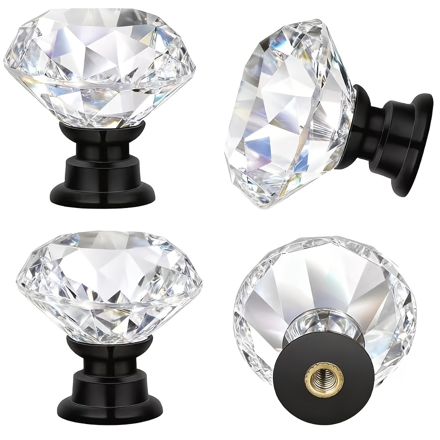 TEMU Crystal Cabinet Black Handles 4pcs Set, Transparent Glass Quadrilateral Drawer Handles, Diamond Dresser Cabinet Door Pulls, Suitable For Kitchen