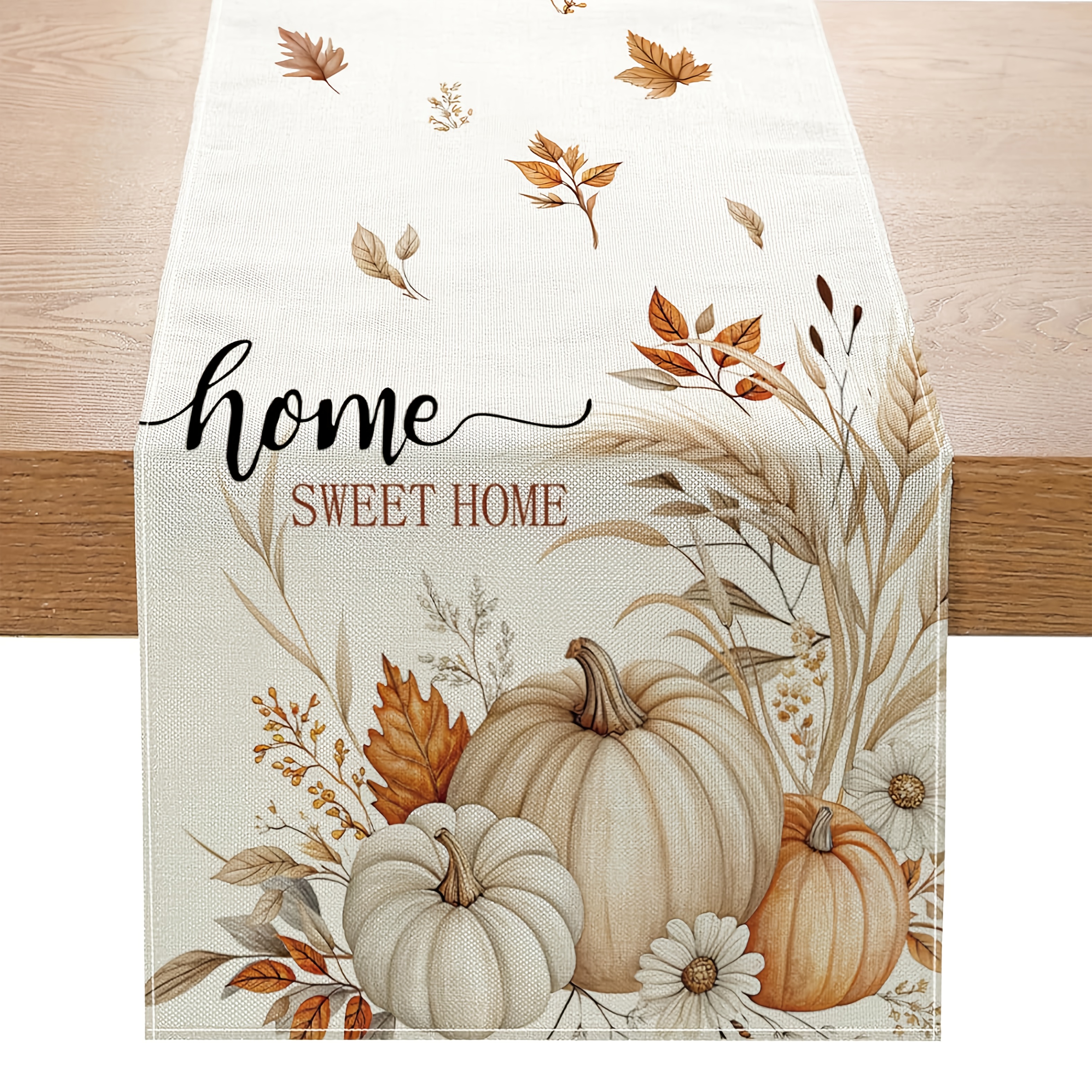 1pc Dokriy, Autumn Pumpkin Wheat Table Runner, Autumn Leaf Harvest Thanksgiving Kitchen Table Decoration For Indoor Outdoor Decoration
