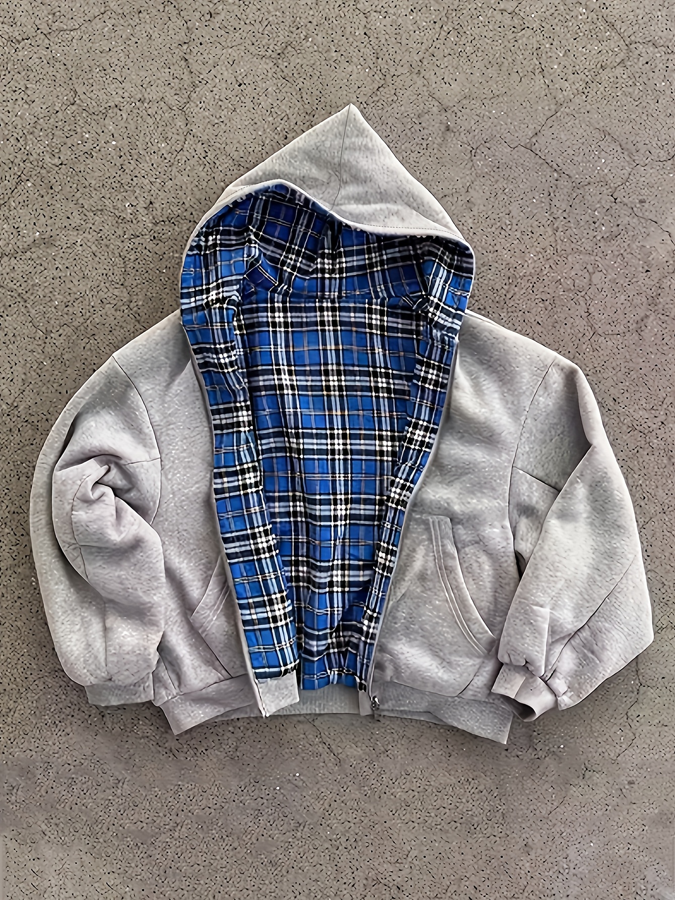 reversible   hooded jacket   gray blue contrast zip up jacket