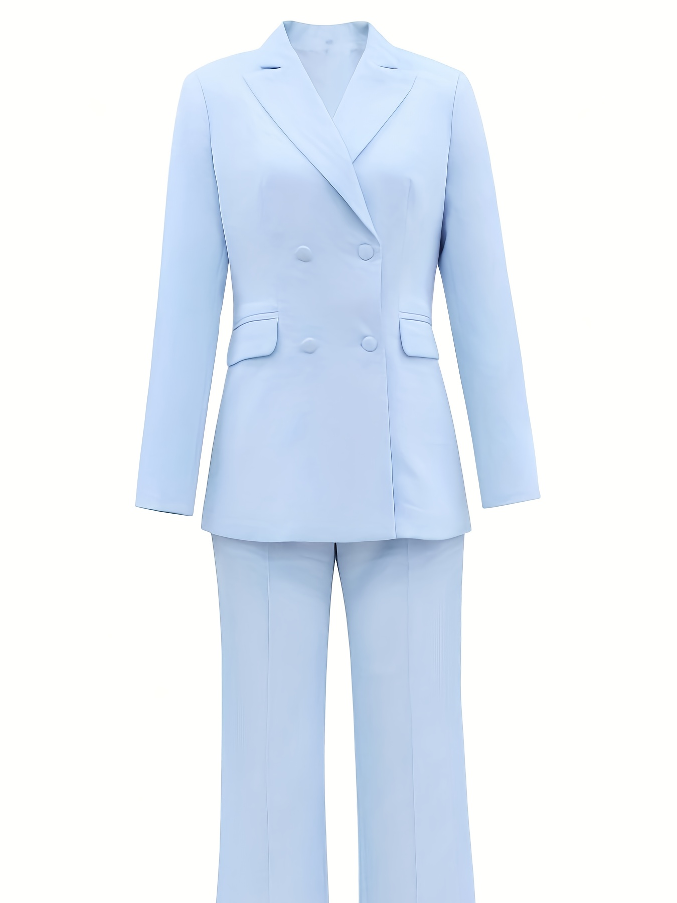 women' blue two-piece suit with double-breasted and wide-leg pants