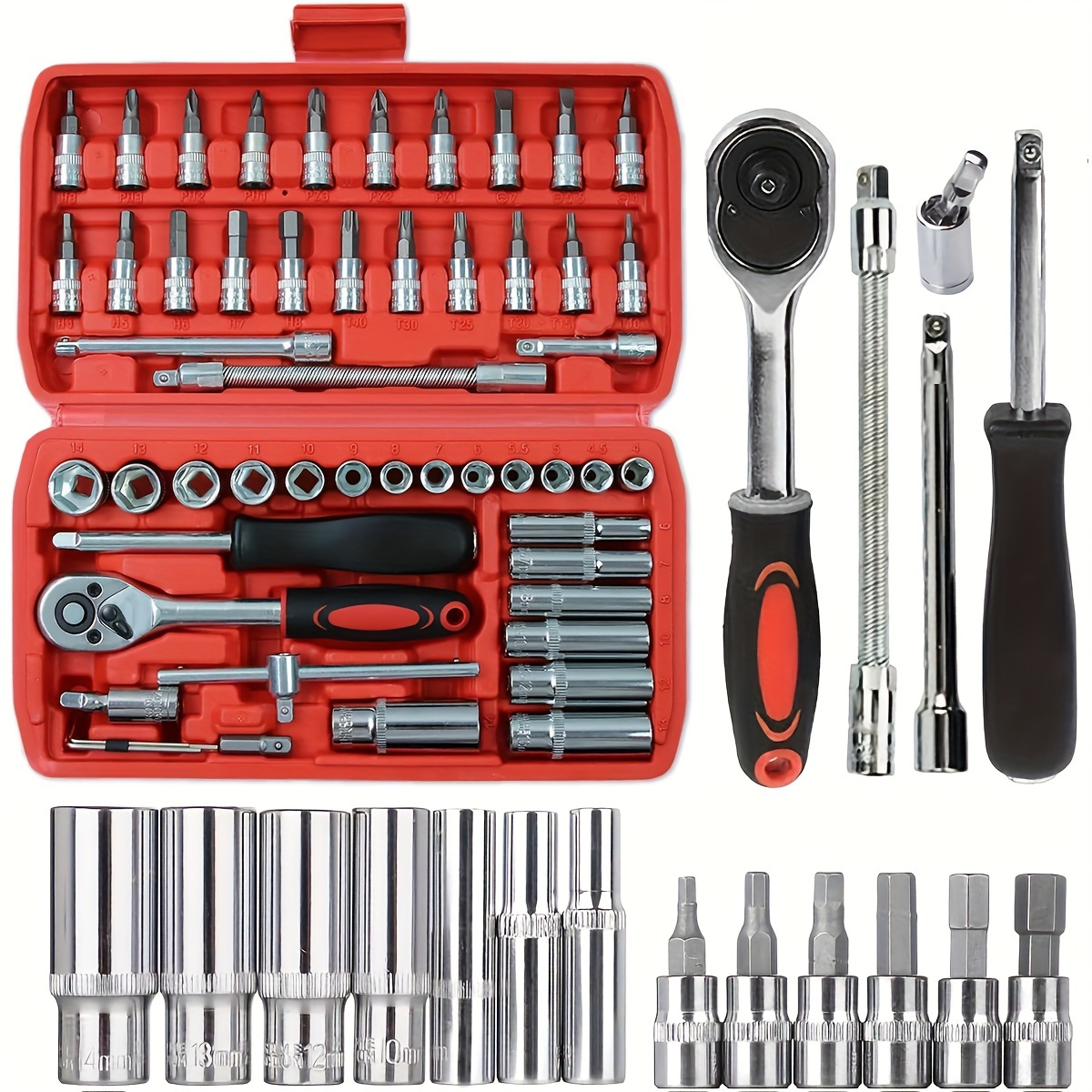 

53-piece 1/4" Drive Chrome Vanadium Steel Socket Set With Ratchet Wrench, Bit Sockets, Extension Bars - Mechanical Operation For Auto, Bike Repair & Home Maintenance - Includes Storage Case