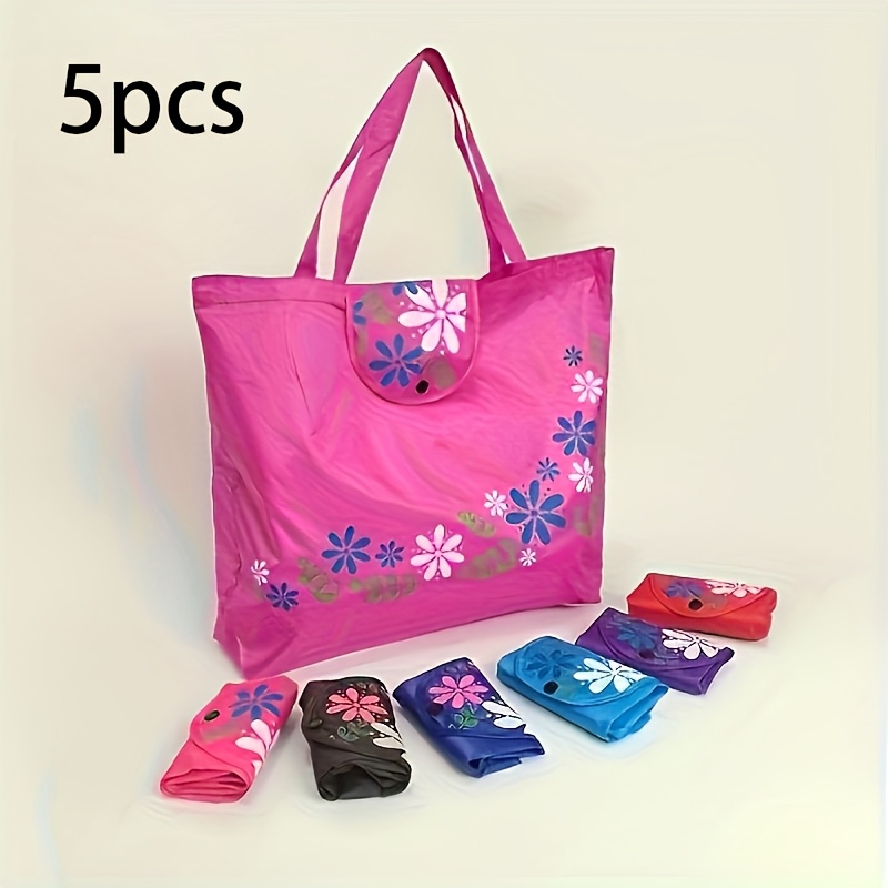 TEMU 5pcs Heavy-duty Oxford Cloth Shopping Bags With Snap Closure - Foldablereusable Grocery , Grocery Bags With Floral Pattern