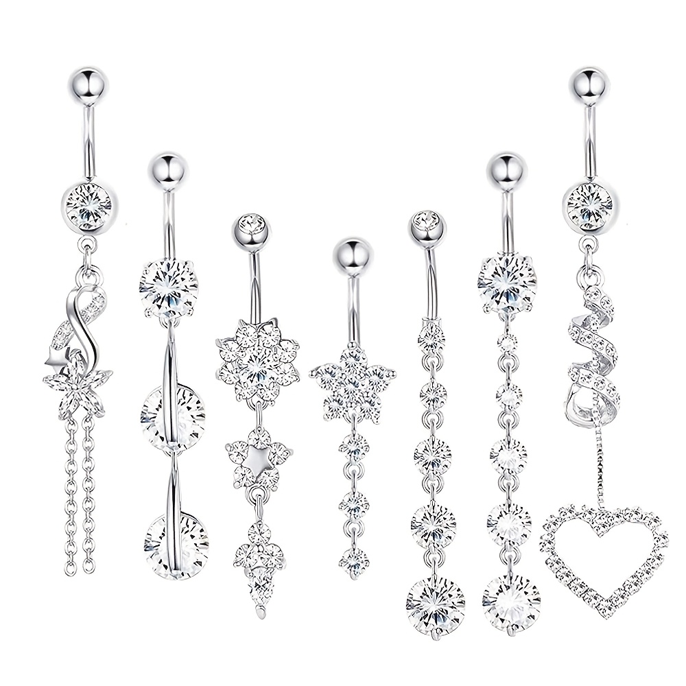 7 Pcs 14G Dangle Belly Button Rings For Women 316L Surgical Steel Curved Navel Barbell Body Jewelry Piercing