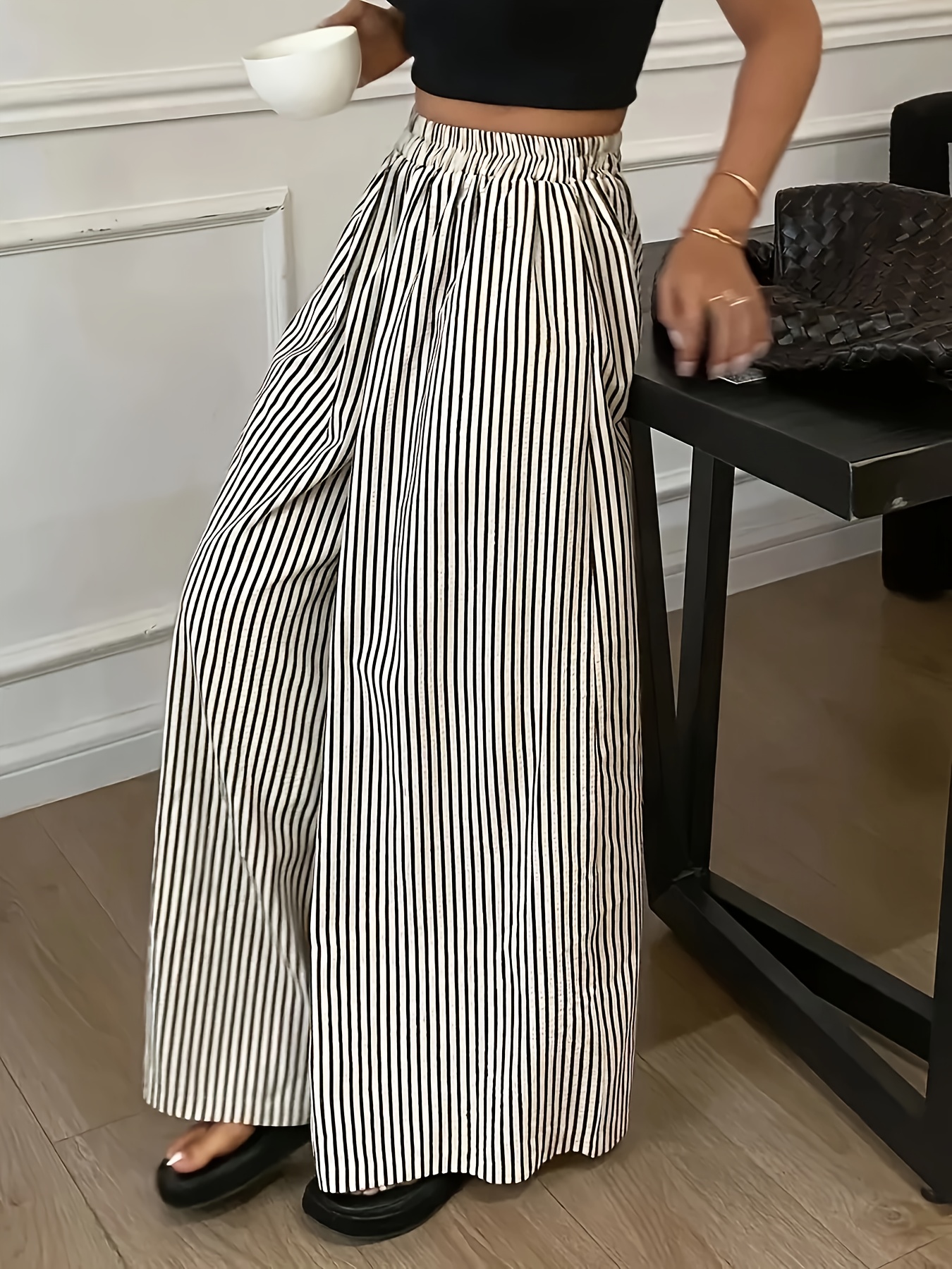 women's elegant striped wide leg pants non stretch Temu Mauritius