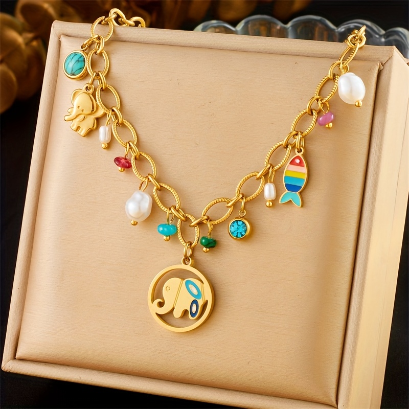 Personalized Small Elephant Pendant Necklace, Colorful Epoxy